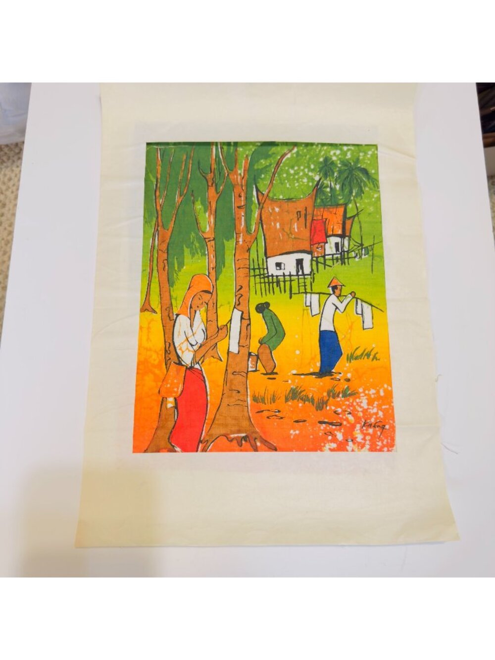 Handmade Malaysian Batik Painting Fabric Signed Vibrant Village Life Scene